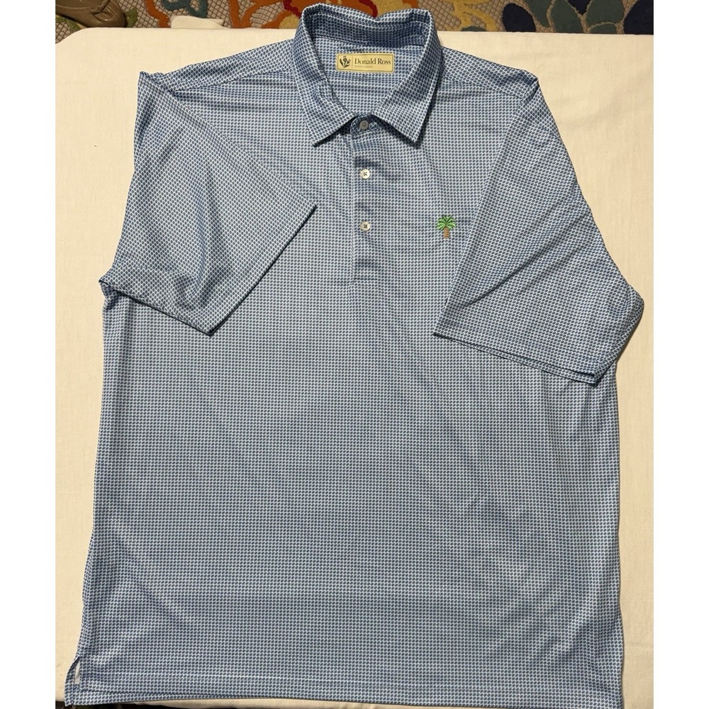 Donald Ross Sportswear Mens XL Polo Shirt Blue Houndstooth Palm Tree B Logo Golf